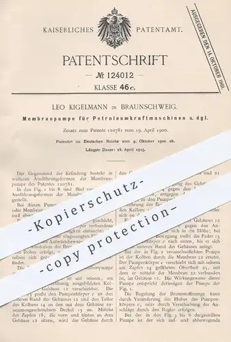 original Patent - Leo Kigelmann , Braunschweig , 1900 , Membranpumpe für Petroleum - Motor | Motoren | Membran - Pumpe