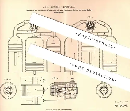 original Patent - Axel Fussing , Hamburg , 1899 , Steuerhahn für Motoren | Gasmotor , Gas - Motor | Zylinder , Viertakt