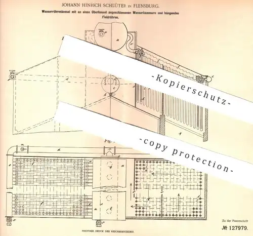 original Patent - Johann Hinrich Schlüter , Flensburg , 1901 , Wasserröhrenkessel mit Fieldröhren | Kessel , Dampfkessel