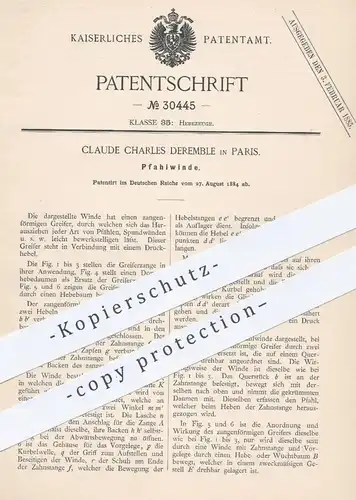 original Patent - Claude Charles Deremble , Paris 1884 , Pfahlwinde | Pfahl - Winde | Hebezeug , Aufzug , Winden , Zange
