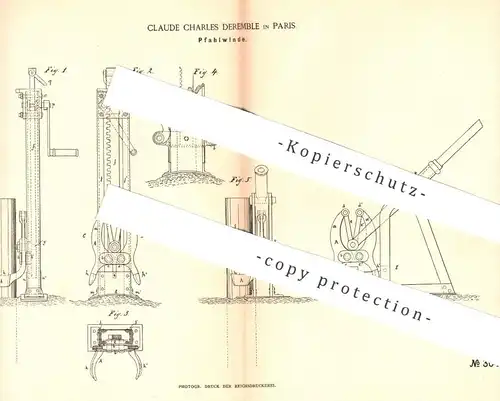 original Patent - Claude Charles Deremble , Paris 1884 , Pfahlwinde | Pfahl - Winde | Hebezeug , Aufzug , Winden , Zange