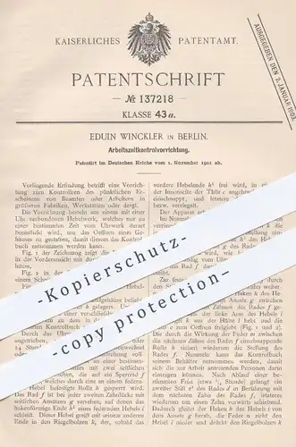 original Patent - Eduin Winckler , Berlin , 1901 , Arbeitszeitkontrollvorrichtung | Uhrwerk , Zählwerk , Stechuhr , Uhr