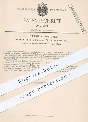 original Patent - G. E. Kienle , Stuttgart , 1884 , Rahmen für Albumblätter | Buchbinder , Passepartout , Foto - Album