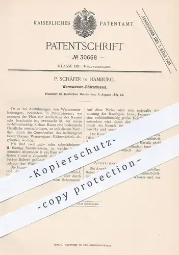 original Patent - P. Schäfer , Hamburg , 1884 , Warmwasser - Röhrenkessel | Kessel , Dampfkessel , Heizung , Ofen !!!