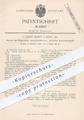 original Patent - G. Adolf Hardt , Köln / Rhein , 1884 , per Regulator verschiebbarer Exzentermuff | Dampfmaschine !!!