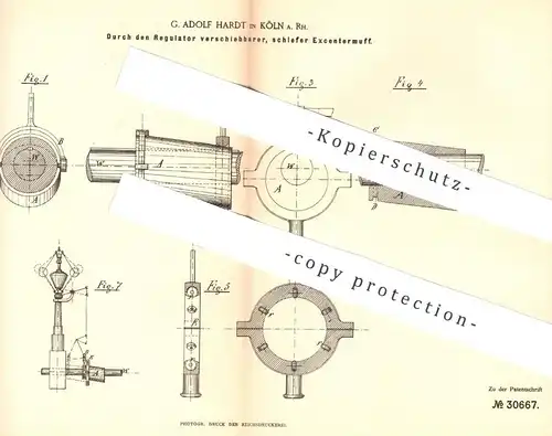 original Patent - G. Adolf Hardt , Köln / Rhein , 1884 , per Regulator verschiebbarer Exzentermuff | Dampfmaschine !!!