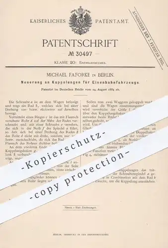 original Patent - Michael Faforke , Berlin , 1884 , Kupplung für Eisenbahnen | Eisenbahn , Straßenbahn , Bahn !!!