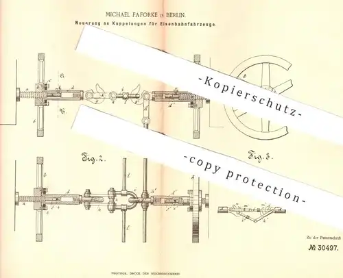 original Patent - Michael Faforke , Berlin , 1884 , Kupplung für Eisenbahnen | Eisenbahn , Straßenbahn , Bahn !!!
