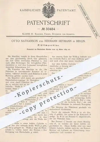 original Patent - Otto Nathanson , Hermann Heymann , Berlin , 1884 , Plättmaschine | Plätteisen , Bügeleisen , Bügeln !!