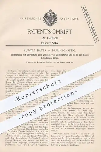 original Patent - Rudolf Bayer , Braunschweig , 1901 , Ballenpresse für Stroh , Heu | Getreide | Ballen - Presse !!