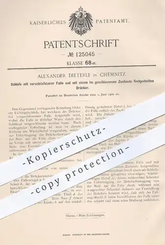 original Patent - Alexander Dieterle , Chemnitz , 1900 , Schloss mit schließbarer Falle | Schlosser , Türschloss , Tür