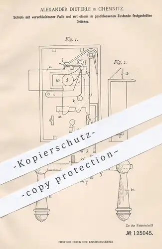 original Patent - Alexander Dieterle , Chemnitz , 1900 , Schloss mit schließbarer Falle | Schlosser , Türschloss , Tür