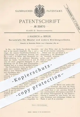 original Patent - J. Halbich , Berlin , 1885 , Verschluss für Mantel , Jacke , Kleidung | Schneider , Schneiderei , Mode