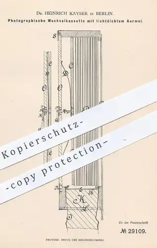 original Patent - Dr. Heinrich Kayser , Berlin  1884 , Wechselkassette mit lichtdichtem Ärmel | Foto - Kamera | Fotograf