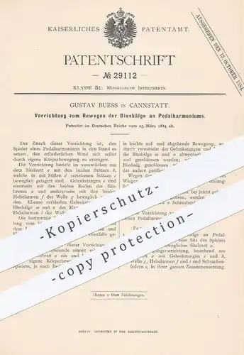 original Patent - Gustav Buess , Cannstatt  1884 , Bewegen der Blasbälge am Pedalharmonium | Harmonium , Musikinstrument