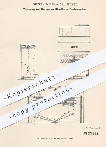 original Patent - Gustav Buess , Cannstatt  1884 , Bewegen der Blasbälge am Pedalharmonium | Harmonium , Musikinstrument