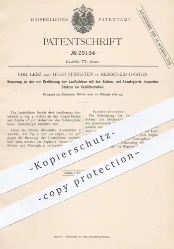 original Patent - Chr. Lenz / Hugo Pfingsten , Remscheid / Hasten , 1884 , Verbindung von Kufe und Sohle am Schlittschuh