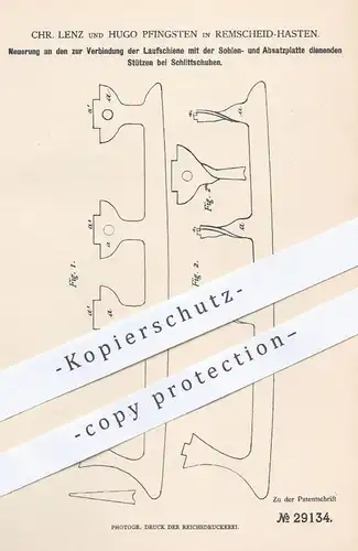 original Patent - Chr. Lenz / Hugo Pfingsten , Remscheid / Hasten , 1884 , Verbindung von Kufe und Sohle am Schlittschuh