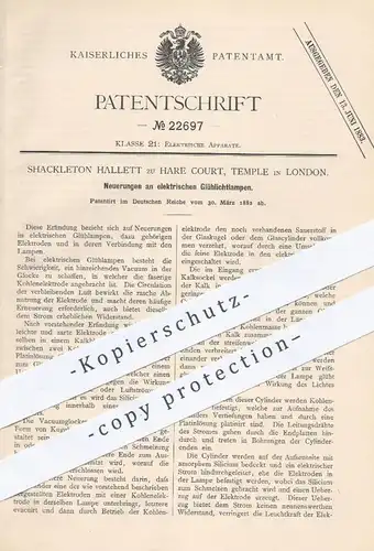 original Patent - Shackleton Hallett zu Hare Court , Temple / London , 1882 , elektrische Glühlichtlampe | Glühlampe !!