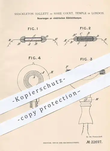 original Patent - Shackleton Hallett zu Hare Court , Temple / London , 1882 , elektrische Glühlichtlampe | Glühlampe !!