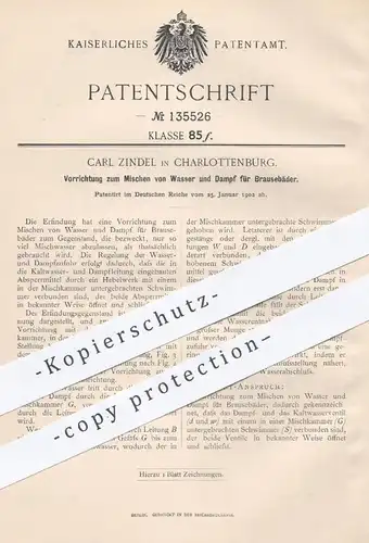 original Patent - Carl Zindel , Berlin / Charlottenburg , 1902 , Mischen von Wasser u. Dampf für Dusche | Mischbatterie