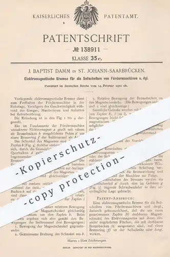 original Patent - J. Baptist Damm , St. Johann Saarbrücken , 1902 , Elektromagnetische Bremse für Seilscheibe | Bremsen