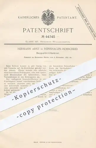 original Patent - Hermann Arnz , Reinshagen / Remscheid 1887 , Doppeldrillbohrer | Bohrer Bohren , Metall , Bohrmaschine