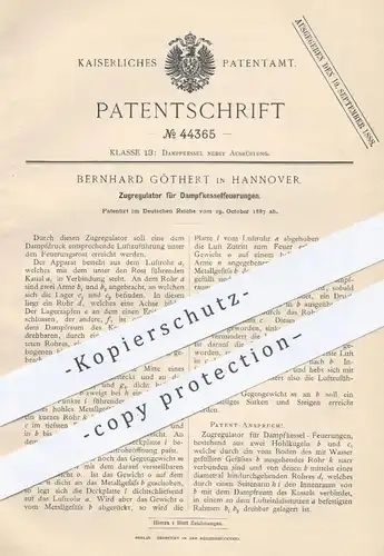 original Patent - Bernhard Göthert , Hannover , 1887 , Zugregulator für Dampfkesselfeuerungen | Dampfkessel , Kessel