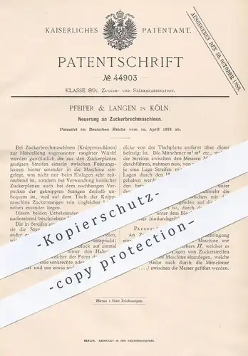 original Patent - Pfeifer & Langen , Köln , 1888 , Zuckerbrechmaschine | Zucker , Zuckerfabrik , Knippmaschine !!