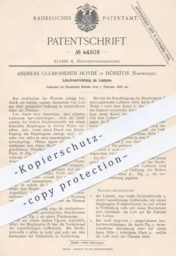 original Patent - Andreas Gulbrandsen Hovde , Hönefos , Norwegen , 1888 , Löschvorrichtung an Lampen | Brenner , Lampe