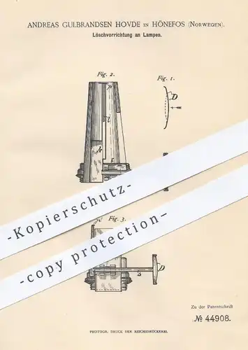 original Patent - Andreas Gulbrandsen Hovde , Hönefos , Norwegen , 1888 , Löschvorrichtung an Lampen | Brenner , Lampe