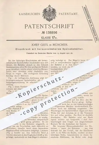 original Patent - Josef Gietl , München , 1901 , Eisschrank mit Speisebehälter | Kühlschrank , Kühlung , Kühlhaus , Eis