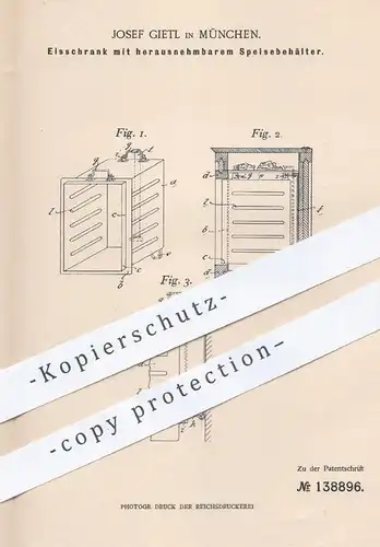 original Patent - Josef Gietl , München , 1901 , Eisschrank mit Speisebehälter | Kühlschrank , Kühlung , Kühlhaus , Eis