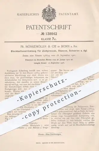 original Patent - Fr. Mönkemöller & Cie , Bonn / Rhein , 1902 , Blechhaltevorrichtung für Ziehpresse , Stanzen , Schere