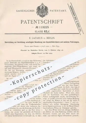 original Patent - E. Lazarus , Berlin , 1899 , Sicherung gegen Diebstahl von Fahrrad oder anderer Fahrzeuge | Signal !!