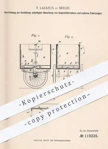 original Patent - E. Lazarus , Berlin , 1899 , Sicherung gegen Diebstahl von Fahrrad oder anderer Fahrzeuge | Signal !!