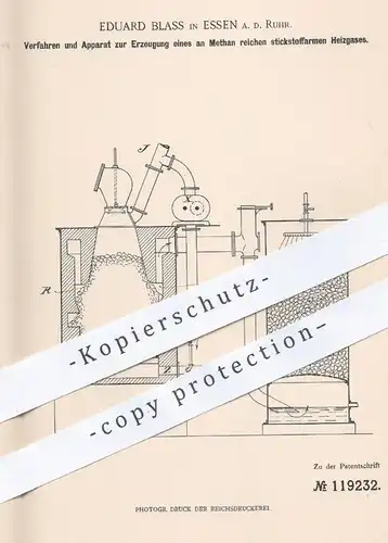 original Patent - Eduard Blass , Essen / Ruhr , 1899 , Erzeugung von stickstoffarmen Heizgas mit Methan | Gas , Gase !!!