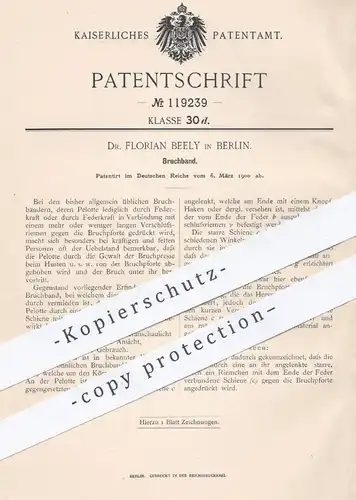 original Patent - Dr. Florian Beely , Berlin 1900 , Bruchband | Verband , Medizin , Arzt , Chirurg , Orthopäde , Schiene