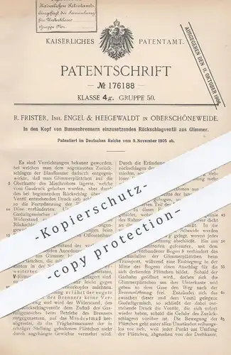 original Patent - R. Frister, Engel & Heegewaldt , Oberschöneweide 1905 , Rückschlagventil aus Glimmer am Bunsenbrenner