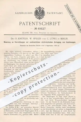 original Patent - Dr. O. Knöfler , W. Spilker , C. Löwe , Berlin , 1888 , elektrolytische Zerlegung von Salzlösung | Gas