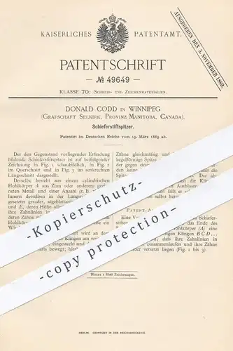 original Patent - Donald Codd , Winnipeg , Selkirk , Manitoba Kanada 1889 , Schieferstiftspitzer | Anspitzer , Bleistift
