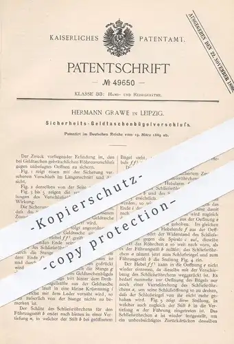 original Patent - Hermann Grawe , Leipzig , 1889 , Bügelverschluss für Geldtasche , Portemonee , Brieftasche , Tasche