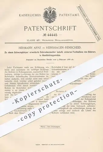 original Patent - Hermann Arnz , Reinshagen / Remscheid , 1888 , Schraubenmutter für Bohrer im Handbohrer | Bohrmaschine