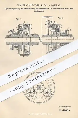 original Patent - Stanislaus Lentner & Co. , Breslau , 1887 , Kegelreibungskupplung  | Kupplung , Bremse , Eisenbahn !!