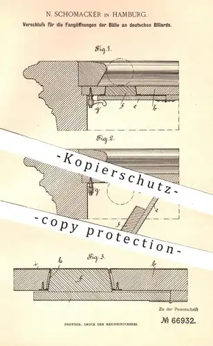 original Patent - N. Schomacker , Hamburg , 1892 , Verschluss für Fangöffnungen der Bälle am Billardtisch | Billard !!