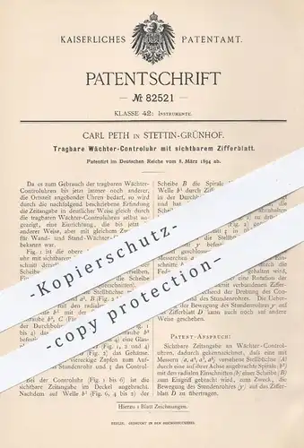 original Patent - Carl Peth , Stettin / Grünhof , 1894 , Wächter - Kontrolluhr mit sichtbarem Zifferblatt | Uhr , Uhren