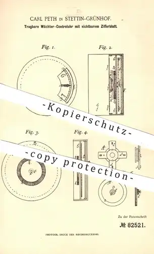 original Patent - Carl Peth , Stettin / Grünhof , 1894 , Wächter - Kontrolluhr mit sichtbarem Zifferblatt | Uhr , Uhren