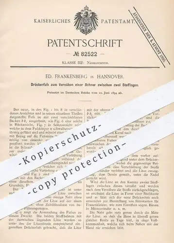 original Patent - Ed. Frankenberg , Hannover , 1894 , Drückerfuss zum Nähen zwischen 2 Stofflagen | Nähmaschine !!