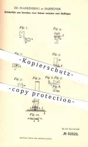 original Patent - Ed. Frankenberg , Hannover , 1894 , Drückerfuss zum Nähen zwischen 2 Stofflagen | Nähmaschine !!