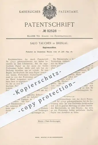 original Patent - Salo Taucher , Breslau , 1894 , Kopiermaschine | Kopieren , Kopierer , Papier , Walze , Druck !!!